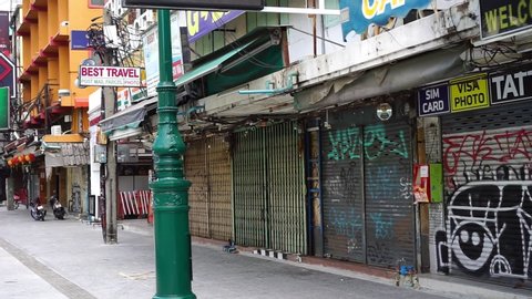 BANGKOK, THAILAND-MAY 24: Closed shopson Khao san road during outbreak of Covid-19 on May 24,2020, Bangkok, Thailand.