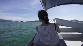 Lifestyle Video of Girl on Yacht, Woman Relaxing on the Boat in Langkawi Island, Malaysia. Slow Motion 