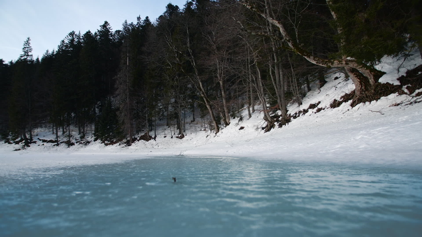 running Man in black suede boots and black fluttering fur coat glides on the blue frozen lake like on a skating rink, Ukraine. winter weather is cold, frozen ice at the lake at Carpathian mountains.