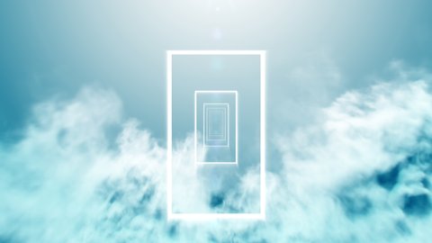 Flying Over the cloud through Door Neon Light.3D rendering.Seamlessly looped animation.