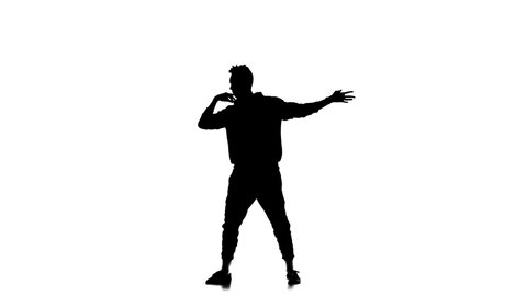 black silhouette on a white background, young energetic guy dancing hip hop, freestyle, street dance