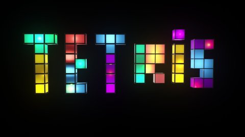 LONDON, UK - 24 MAY 2020; Tetris colorful blocks text arcade 80s Videogame. 3D Animation isolated close-up.