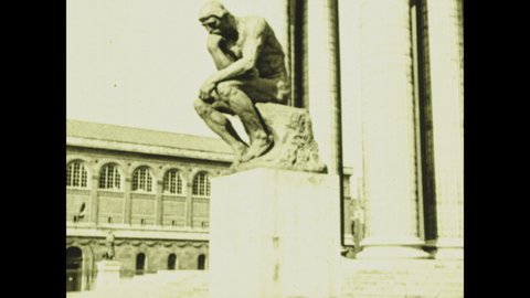 PARIS 1920s: Rodin's The Thinker. Intertitle. St. Etienne du Mont. Intertitle. Library of Saint Genevieve.