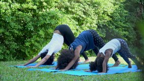 african american single mom teaching two daughter doing yoga together at home outdoor. happy black family funny to workout . - Powered by Shutterstock - Get 15% off with code: PIKWIZARD15