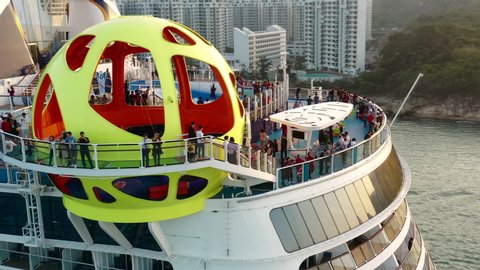Stern of Spectrum of the Seas, Royal Caribbean International, Drone Aerial Close Up View, Asia's Largest Cruise Ship Sailing with Skypad and Flowrider Surf Simulator, Hong Kong, China, Asia, Jan 2020