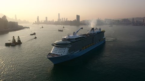 Spectrum of the Seas Sailing with Sunset, Royal Caribbean International, Drone Aerial Orbit View, Asia's Largest Cruise Ship, Hong Kong, China, Asia, Jan 2020