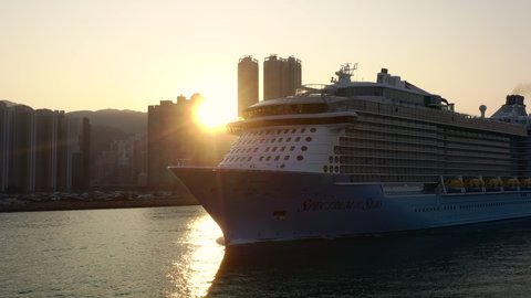 Spectrum of the Seas Sailing with Sunset, Royal Caribbean International, Drone Aerial Close Orbit View, Asia's Largest Cruise Ship, Hong Kong, China, Asia, Jan 2020