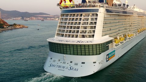 Stern of Spectrum of the Seas, Royal Caribbean International, Drone Aerial View, Asia's Largest Cruise Ship Sailing, Hong Kong, China, Asia, Jan 2020