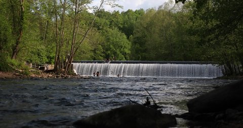 Ellicott City, Maryland / USA - May 23, 2020: A view of Daniels Dam, a dam located next to the crumbling ghost town of "Daniels." The dam is also located adjacent to a Maryland state park. 