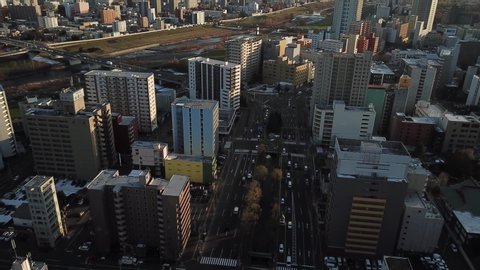 Cityscape of Sapporo. Aerial view of sunset