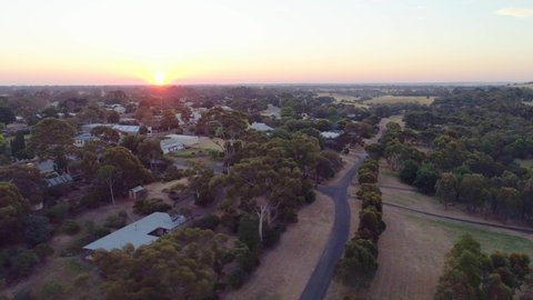 Aerial pan across small outback town Dunkeld near Grampians in Australia
