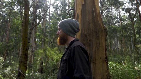 A slow motion orbit shot around a bearded bushman while he stands in an Australian forest by stringy bark eucalyptus trees.
