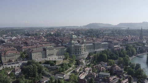 D-Log. Bern, Switzerland. Federal Palace - Bundeshaus, Historic city center, general view, Aerial View, Point of interest