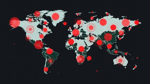 4K World map dots animation.Virus spread world map animation.World map pins.Alarms or signals all over the world.