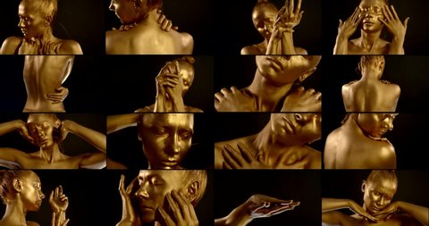 multi shot collage of young naked golden woman, covered shiny pigment for body-art