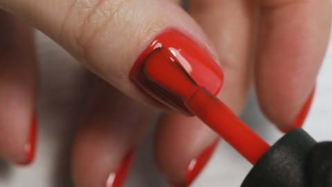 Selfmade manicure service. Manicurist paints nails  with red gel polish. Nail polish application. Manicured red nails.