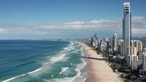Aerial view of Surfers Paradise, Gold Coast, Australia on a sunny day.