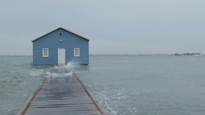 Blue Boat House, Crawley Edge Boat shed in the Storm during the cyclone mangga. Perth, Swan River, Crawley