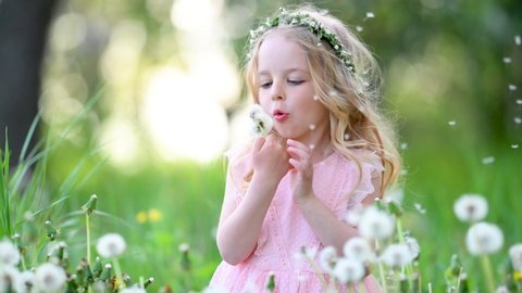 Portrait of a little cute girl playing in the garden. A girl with white hair with a bouquet of dandelions. children, emotions.