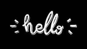 Animated phrase Hello. Moving hand drawn text message. HD 2d cel loop able animation of white lettering text.