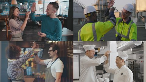 Multi screen portraits of coworkers of different occupations sharing high five standing at workplace. Collage of images of multiethnic waiters, chefs, and engineers sharing high five