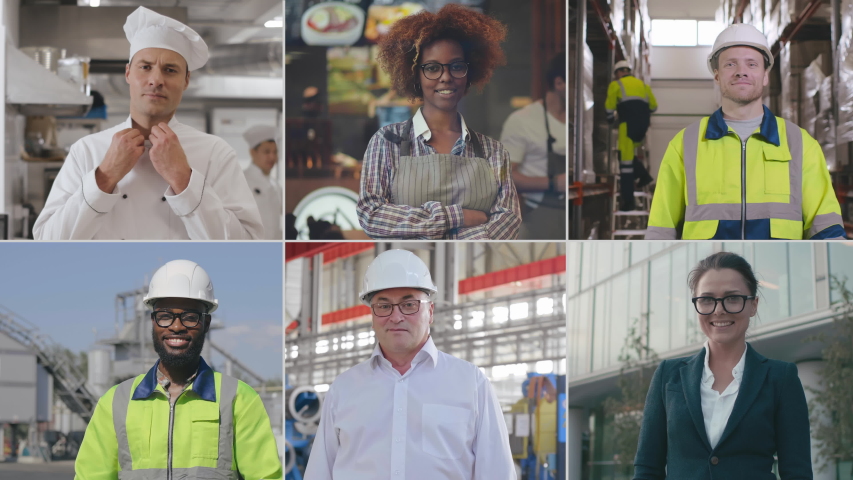 Multi screen of happy diverse young people of different occupation posing at workplace and smiling at camera. Portraits of chef, waitress, businesswoman and industrial workers. Variety of professions Royalty-Free Stock Footage #1053101855