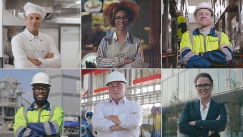 Multi screen of happy diverse young people of different occupation posing at workplace and smiling at camera. Portraits of chef, waitress, businesswoman and industrial workers. Variety of professions