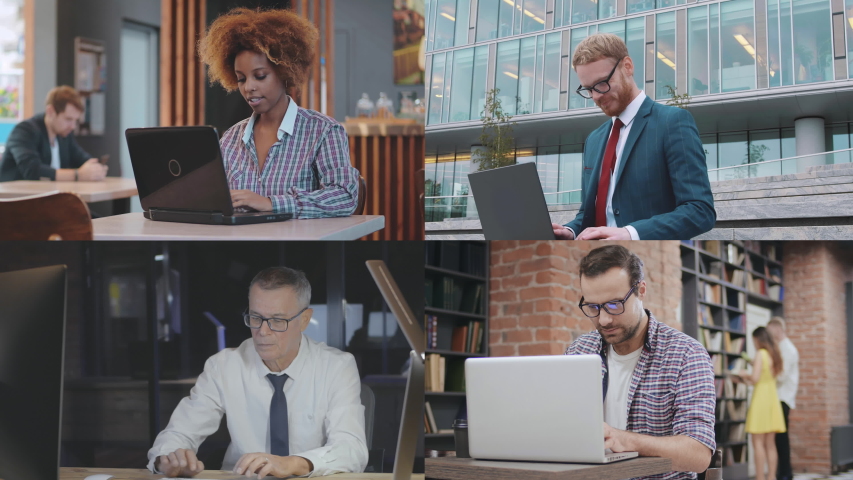 Collage of portraits diverse businesspeople working on laptop in different locations. Multi screen with images of entrepreneurs or freelancers using laptop for work. Online remote team work Royalty-Free Stock Footage #1053101909