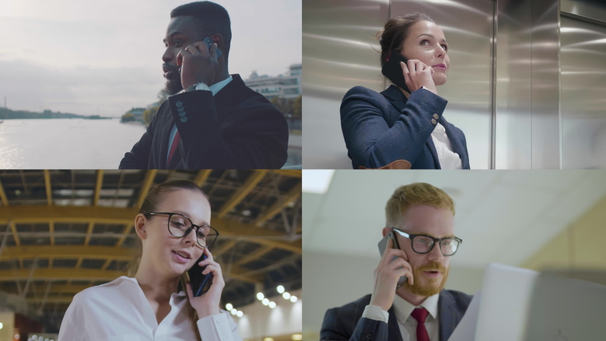 Multi screen of four young diverse businessmen and businesswomen talking on mobile phones with partners. Multiracial entrepreneurs having smartphone calls over different background. Remote team work Royalty-Free Stock Footage #1053101924