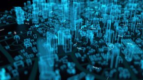 3D Rendering aerial view of destination line moving pass through the hologram city, with the internet of things icon, for GPS navigation and data transfer concept, shallow depth of field, dark and gra - Powered by Shutterstock - Get 15% off with code: PIKWIZARD15