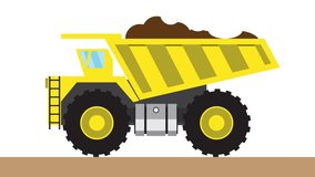A yellow mining truck is carrying soil. Isolated on a white background. Empty space for your logo or text. 4k, 60 fps animation 2d video