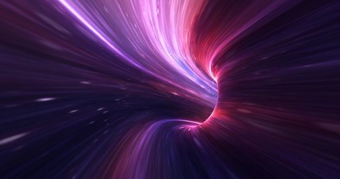 Abstract energy tunnel in space. Wormhole travel through time and space. Wormhole space deformation, science fiction. Black hole, vortex hyperspace tunnel. 4k 3D rendering, Seamless loop