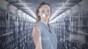 Animation of a Caucasian woman presenting a 3D globe model with network connections of people, with servers room in background.. Global economy and technology concept digital composite. - Powered by Shutterstock - Get 15% off with code: PIKWIZARD15