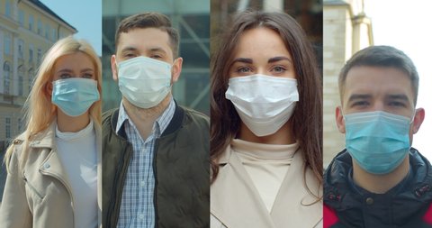 Group of people in masks, collage citizens Virus mask on street wearing face protection in prevention for coronavirus covid 19.