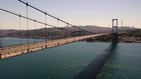 Bosphorus Bridge, 15 July Martyrs Bridge from Sky Aerial view. Istanbul Turkiye.