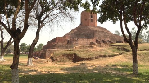 Holy buddhist Chaukhandi Stupa in Sarnath, India, 4k footage video