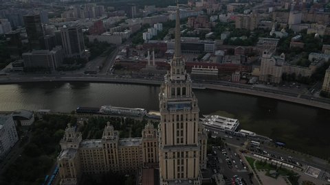 Moscow, Russia, May 2020, Aerial view of Stalin Skyscrapper from above 4k 25 fps
