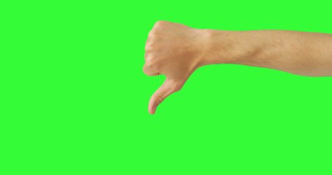 Isolated Man Hand Showing Thumbs Down, No-like, Dislike or Negative Sign Symbol. Green Screen Compositing. Pack of Gestures Movements on Keyed Chroma Key Background. Body Language. 
