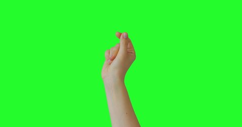 Isolated Woman Hand Snapping Fingers Sign Symbol. Green Screen Compositing. Pack of Gestures Movements on Keyed Chroma Key Background. Body Language. 