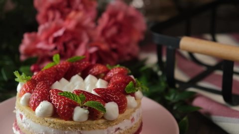 Strawberry shortcake. homemade bakery cake with fruits. fresh desserts.