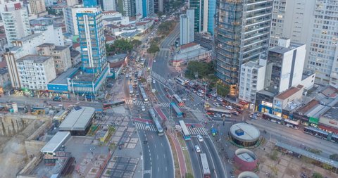 Aerial Hyperlapse bird's eye view Heavy traffic at Faria Lima avenue in Sao Paulo, Brazil. Cars, buses and people moving non stop