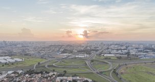Aerial Hyperlapse of Roundabout in Ribeirao Preto at dusk. Sao Paulo state, Brazil