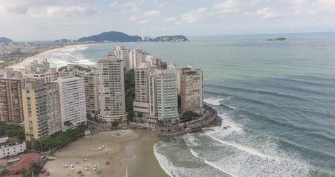 Aerial hyperlapse of buildings close to shore during the day at Guaruja in Sao Paulo, Brazil