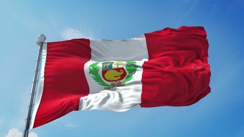 Peru Flag Loop. Realistic 4K. 30 fps flag of the Peru. Peruvian flag waving in the wind. Seamless loop with highly detailed fabric texture. 