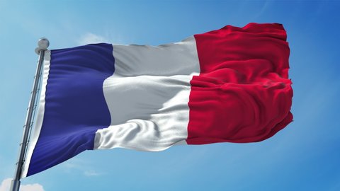 France Flag Loop. Realistic 4K. 30 fps flag of the France. French flag waving in the wind. Seamless loop with highly detailed fabric texture. 