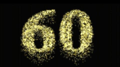 Sixty firework celebration number or gold neon celebration. Sixtieth birthday or anniversary party sparkles - video animation