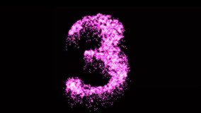 Three pink firework glow and glitter number. Burning birthday greeting at night - animation