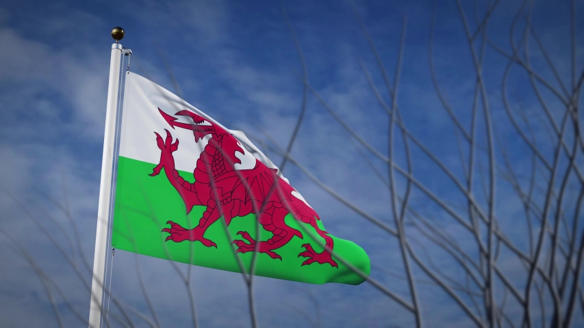 Wales flying flag waving in blue sky. National Welsh independence showing democracy and pride - 3d footage animation Royalty-Free Stock Footage #1053152897