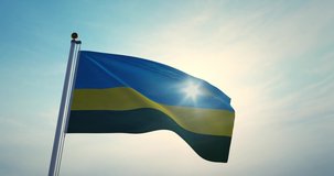 Rwanda flag flying backlit in the sky. Waving Rwandan silhouette and flagpole in sunlight - Video 3d animation