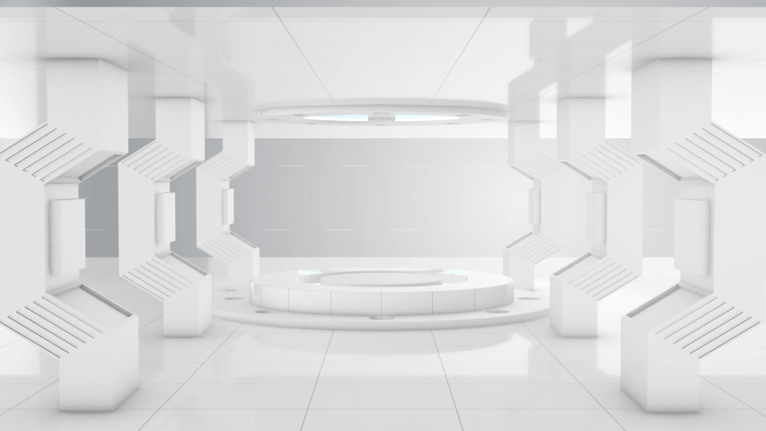 Flying into white futuristic 3d construction tunnel lab and circle stage center, 4k Royalty-Free Stock Footage #1053164147
